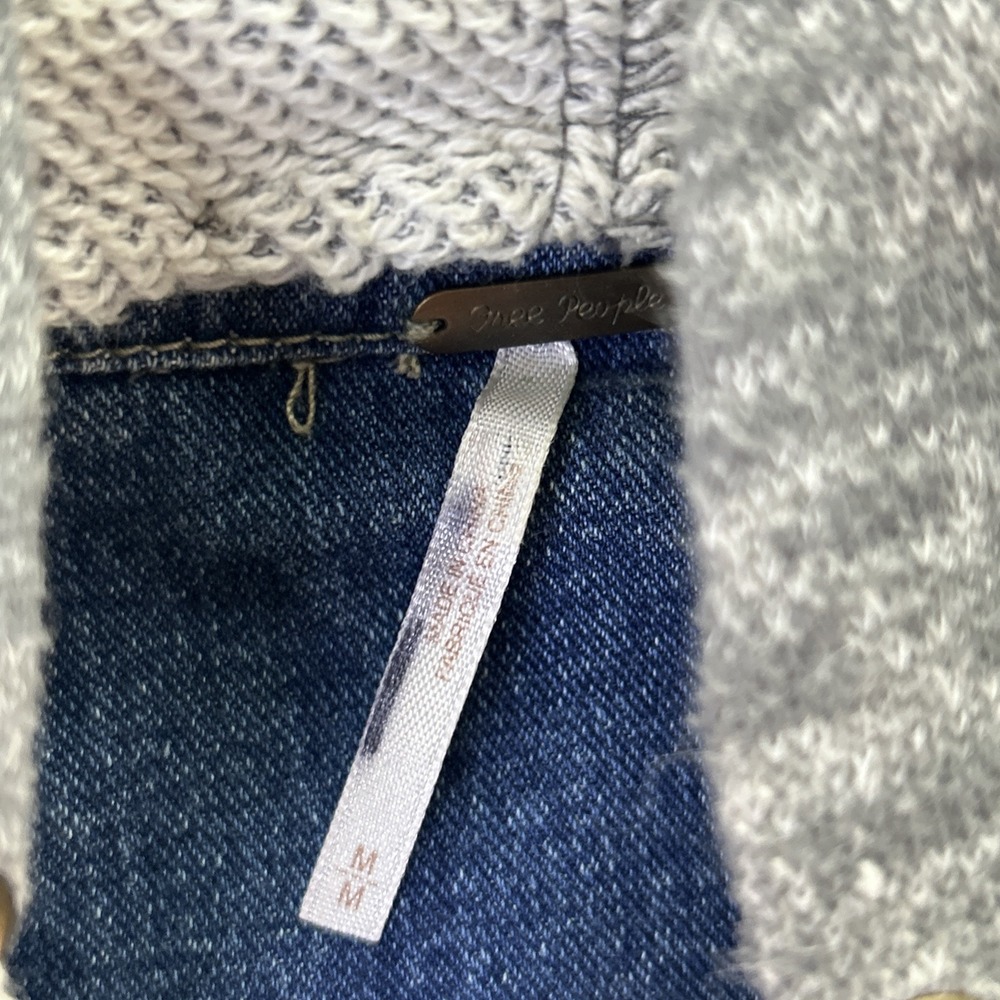 Free People Denim Jacket Gray Knit Sleeves Detachable Hood Blue Distressed M - Picture 2 of 6